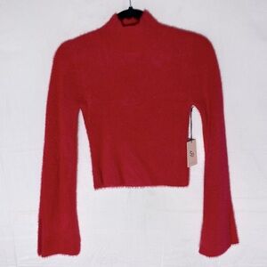 Sincerely Jules Fuzzy Red Mock Neck Bell Sleeve Fitted Sweater XS NWT